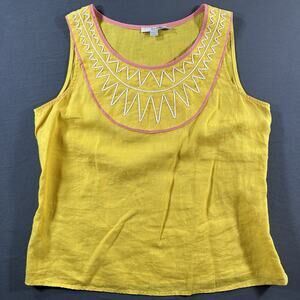 Boden Yellow Linen Embroidered Scoop Neck Sleeveless Tank Top US 10